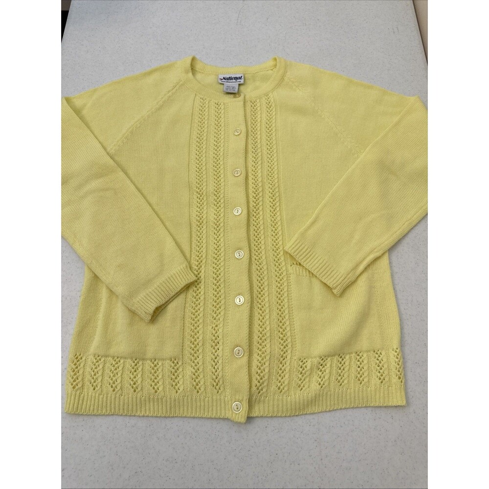 Vintage National Yellow Button Up Cardigan Pockets Cottage Grandma Soft Med